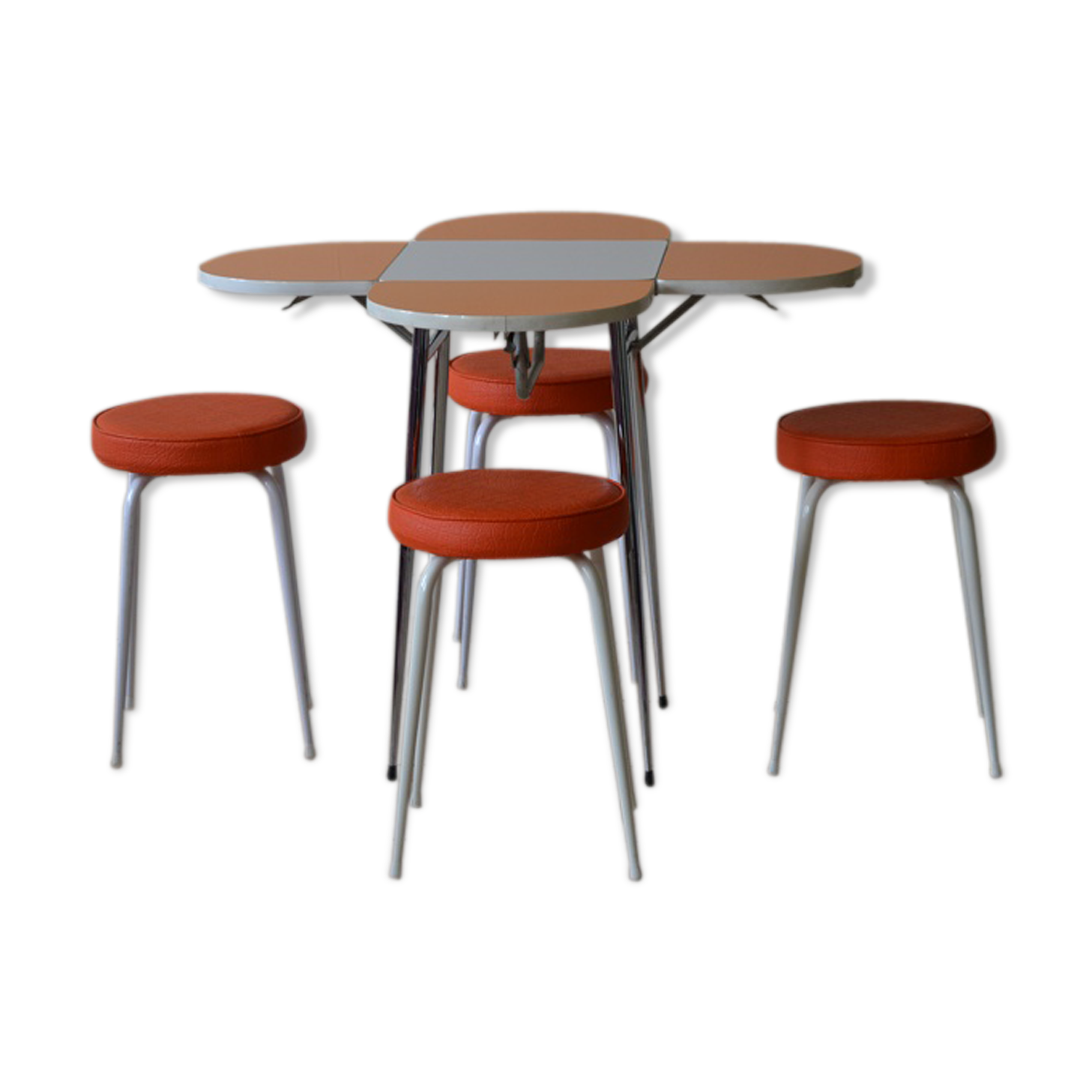 Entire table folding and stools orange and white formica 60s