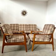 Lot armchairs and sofa 60 years Scandinavian design in vintage blond teak