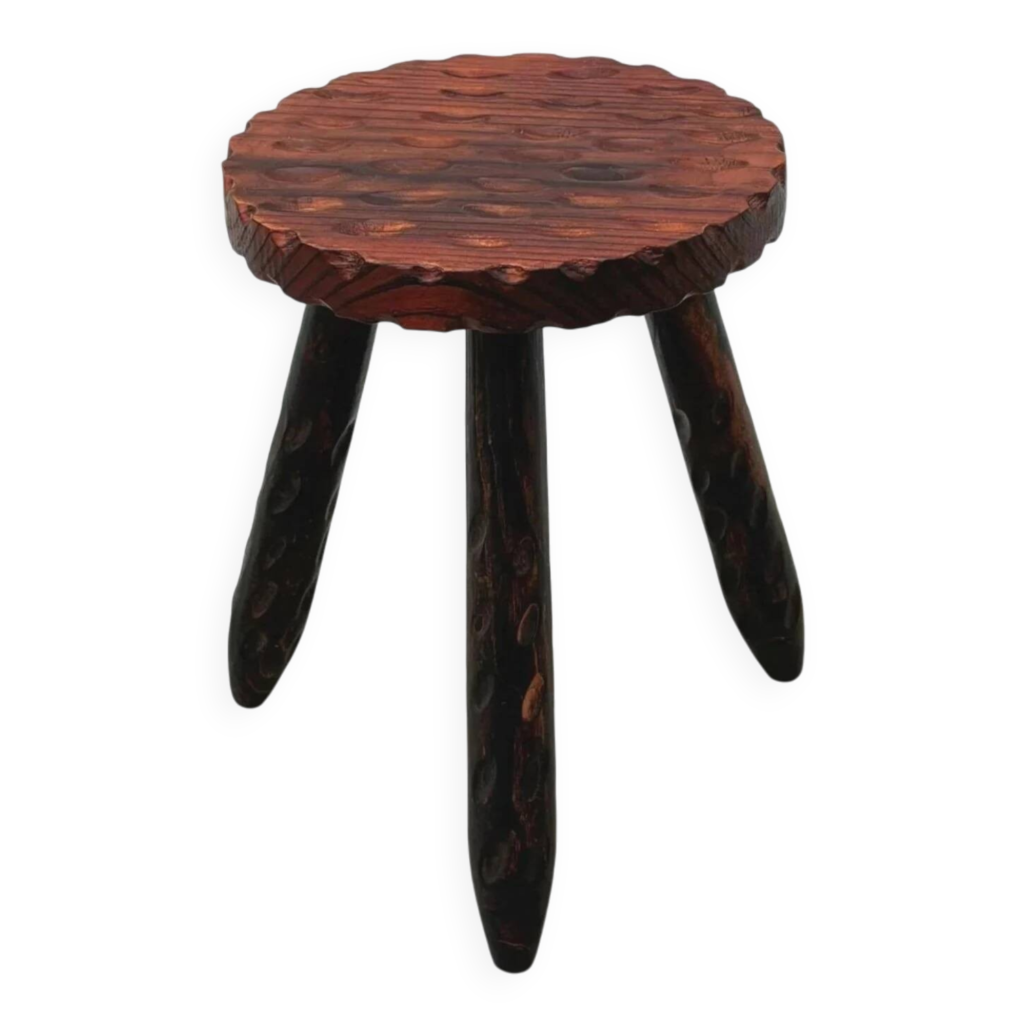 Tabouret brutaliste en bois massif, Espagne 1970