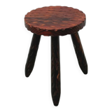 Tabouret brutaliste en bois massif, Espagne 1970