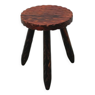 Tabouret brutaliste en bois massif, Espagne 1970