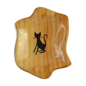 Vide-poche en faïence à décor de faux-bois orné d'un chat de la poterie Grandjean-Jourdan à Vallauri