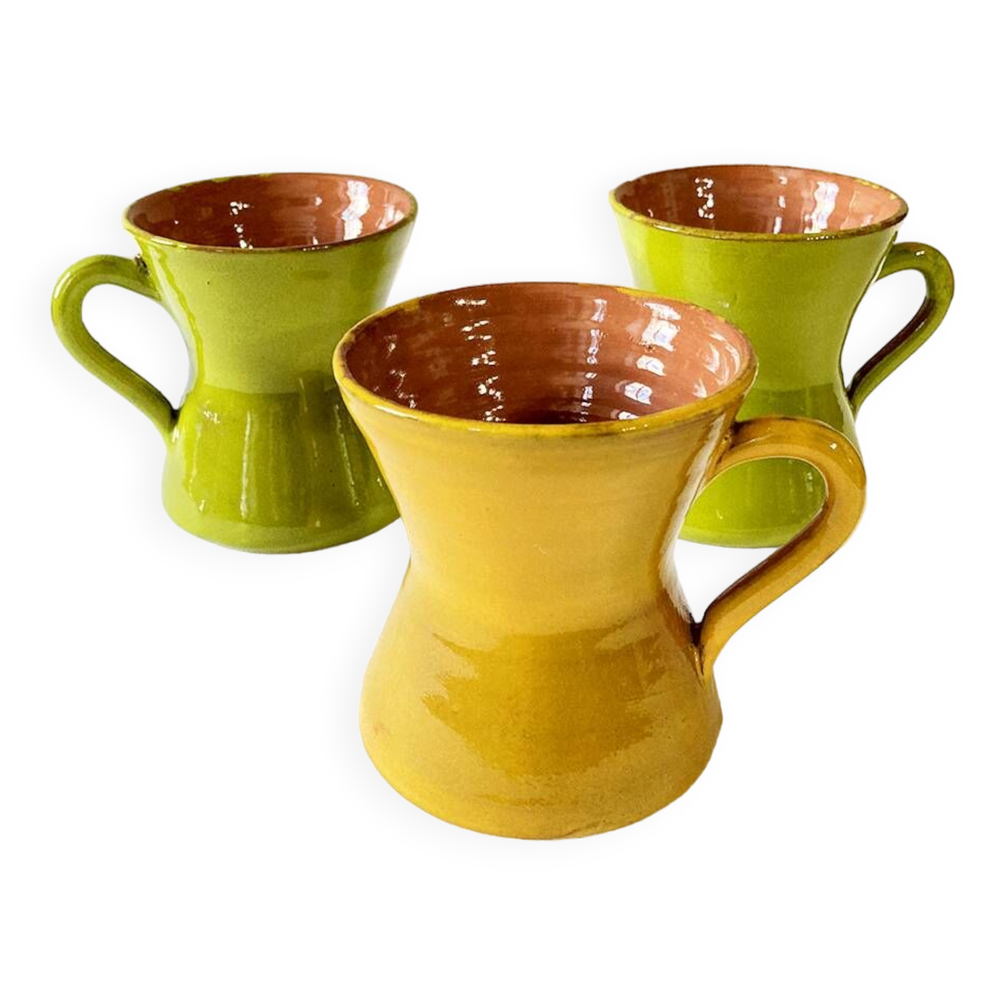 3 large green and yellow enameled ceramic cups, signed