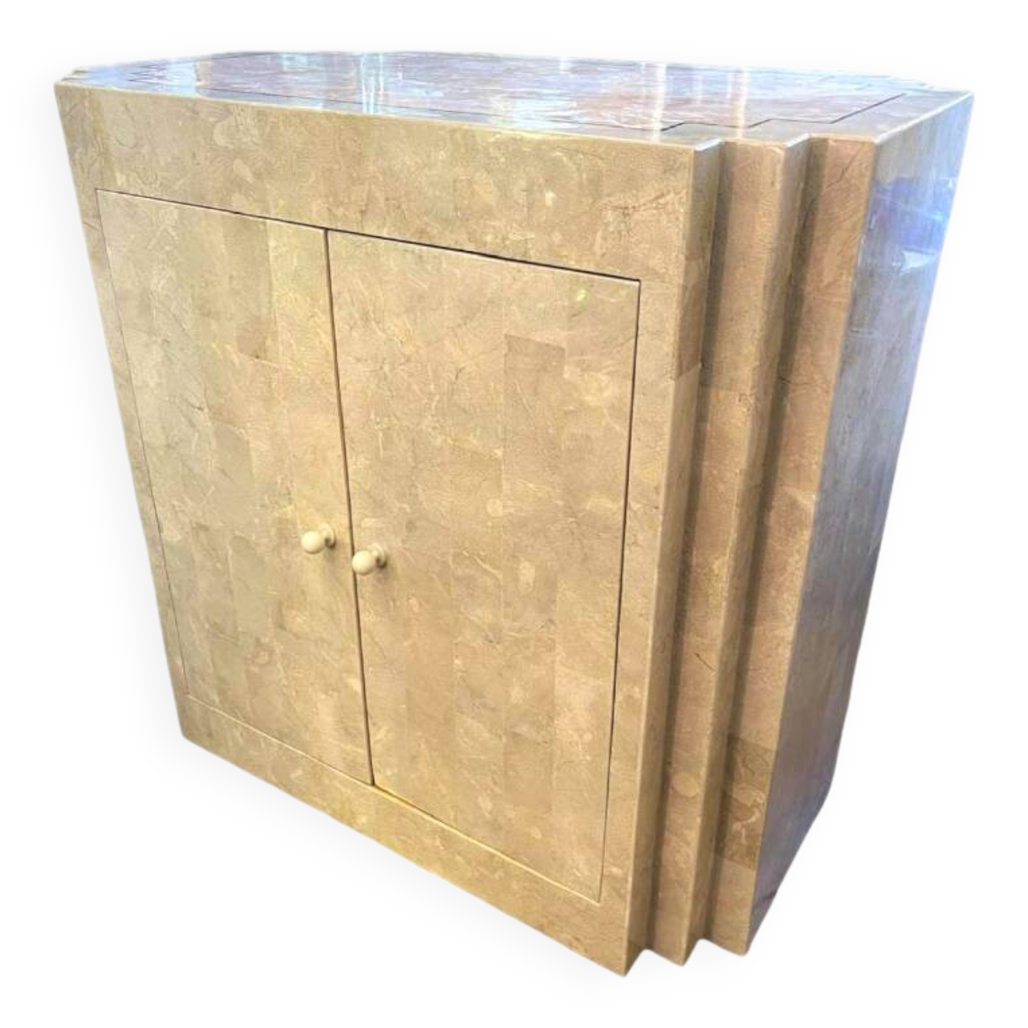 Double-sided dresser Design, travertine & brass threads, ca 1960