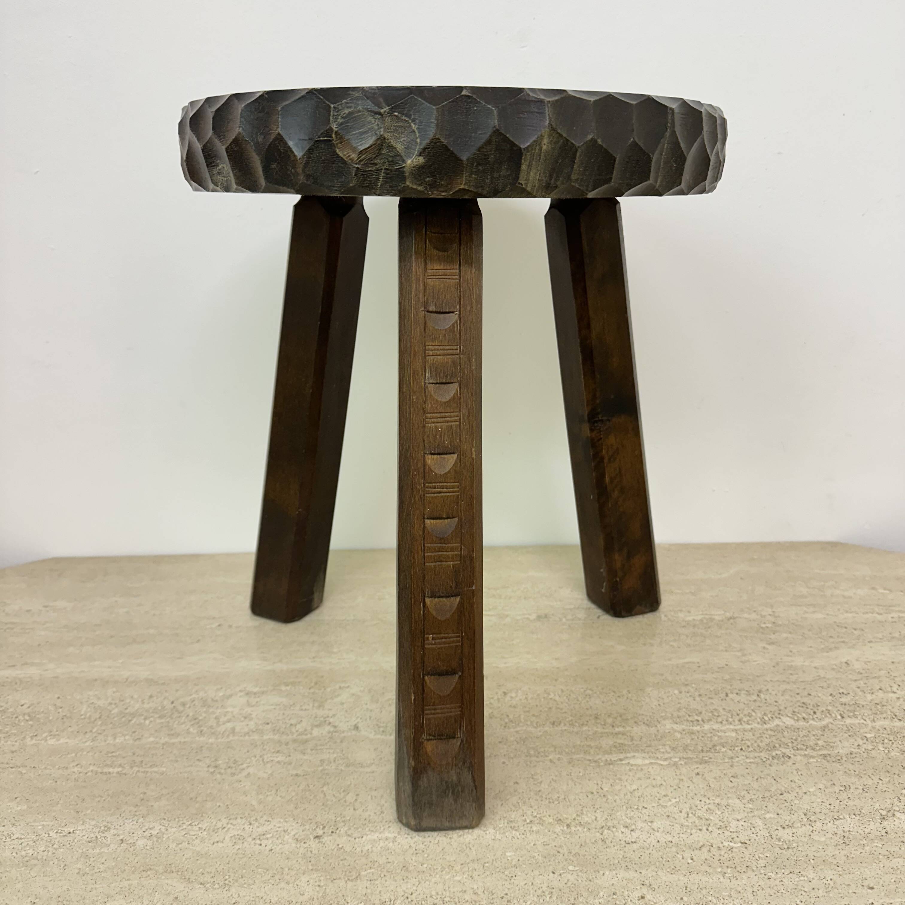 Hand carved solid oak brutalist stool , 1970s