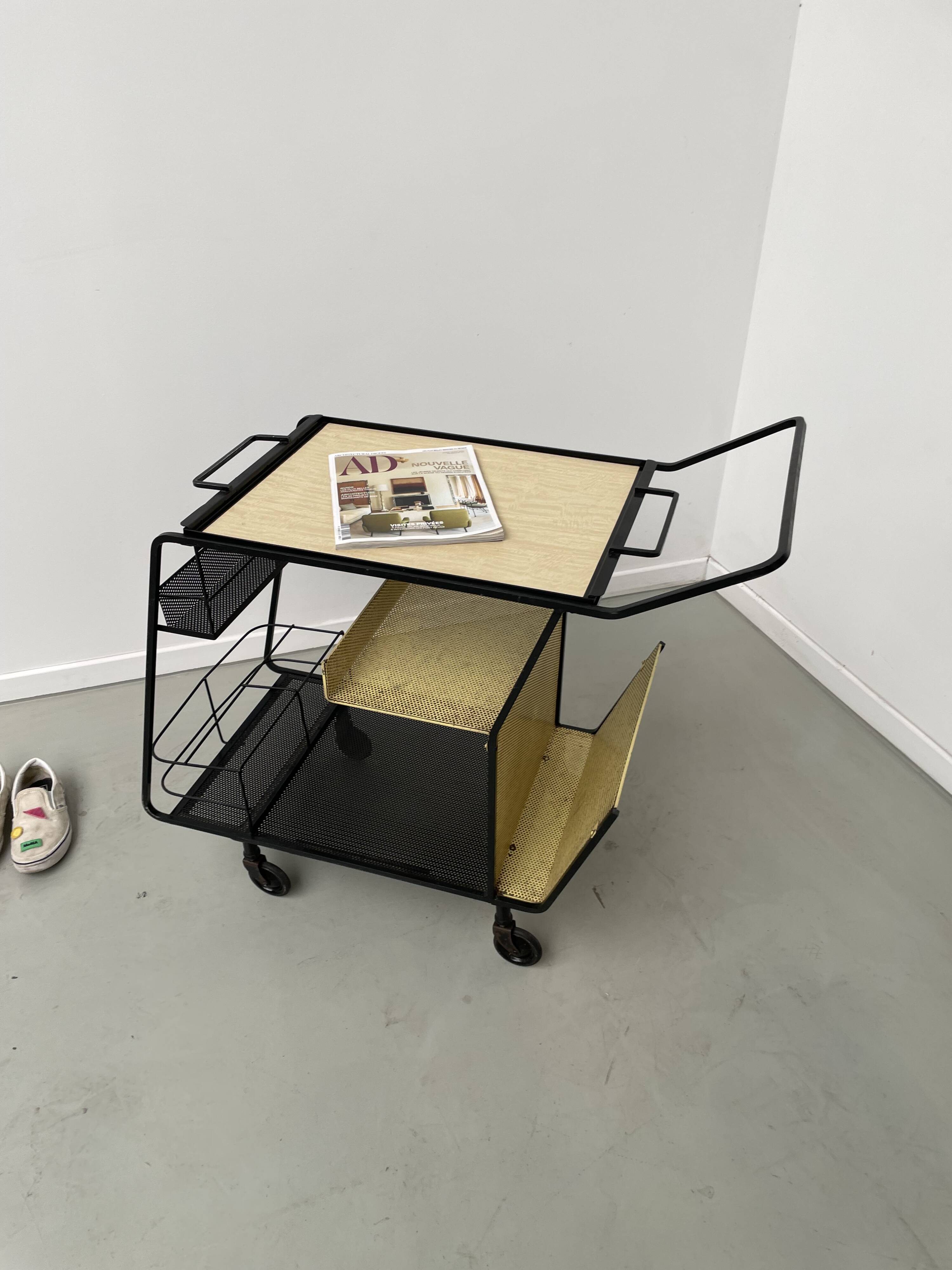 Perforated metal serving trolley in the Mathieu Matégot style