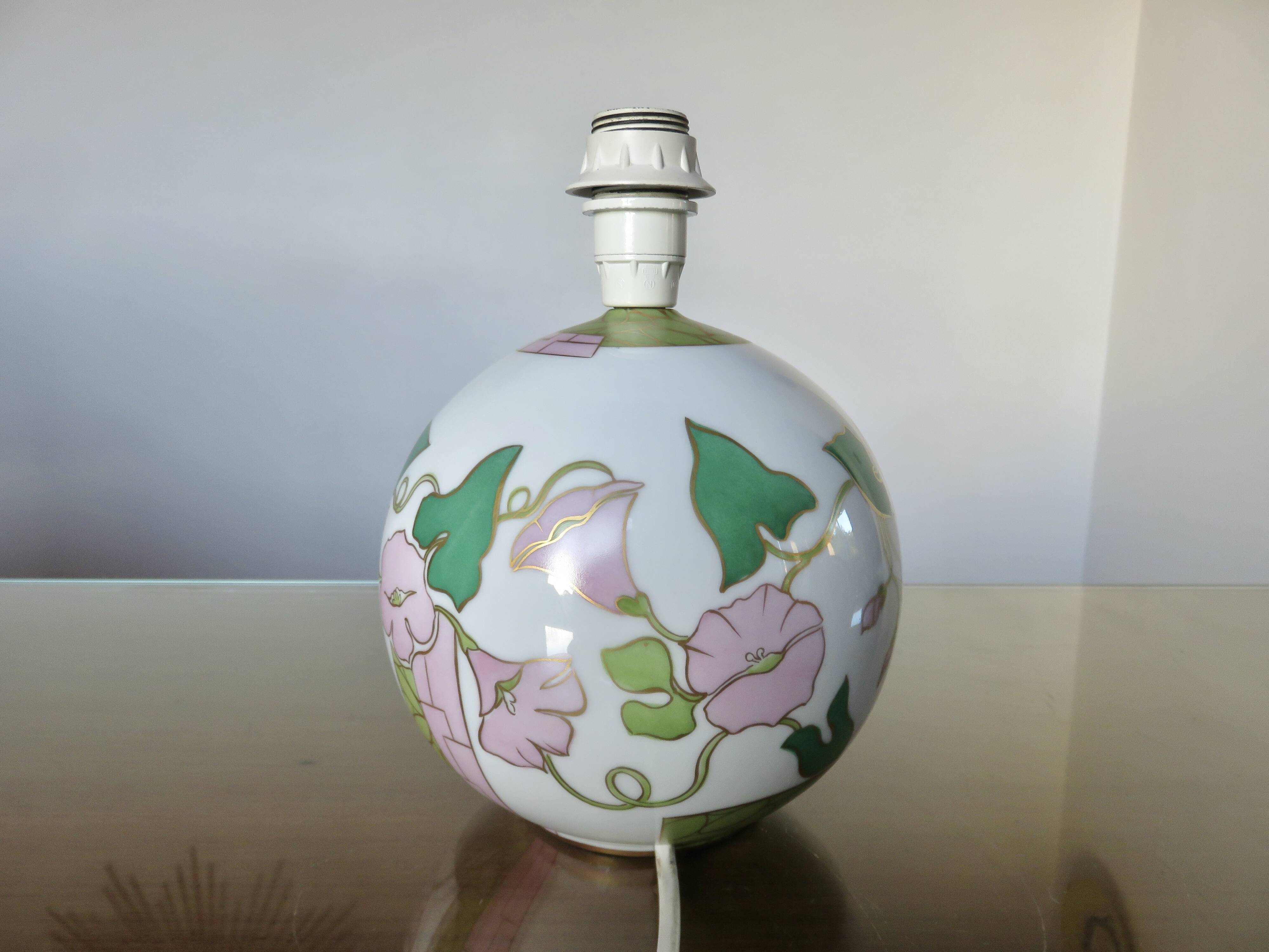 Ceramic ball lamp, with floral decoration, 70s, signed