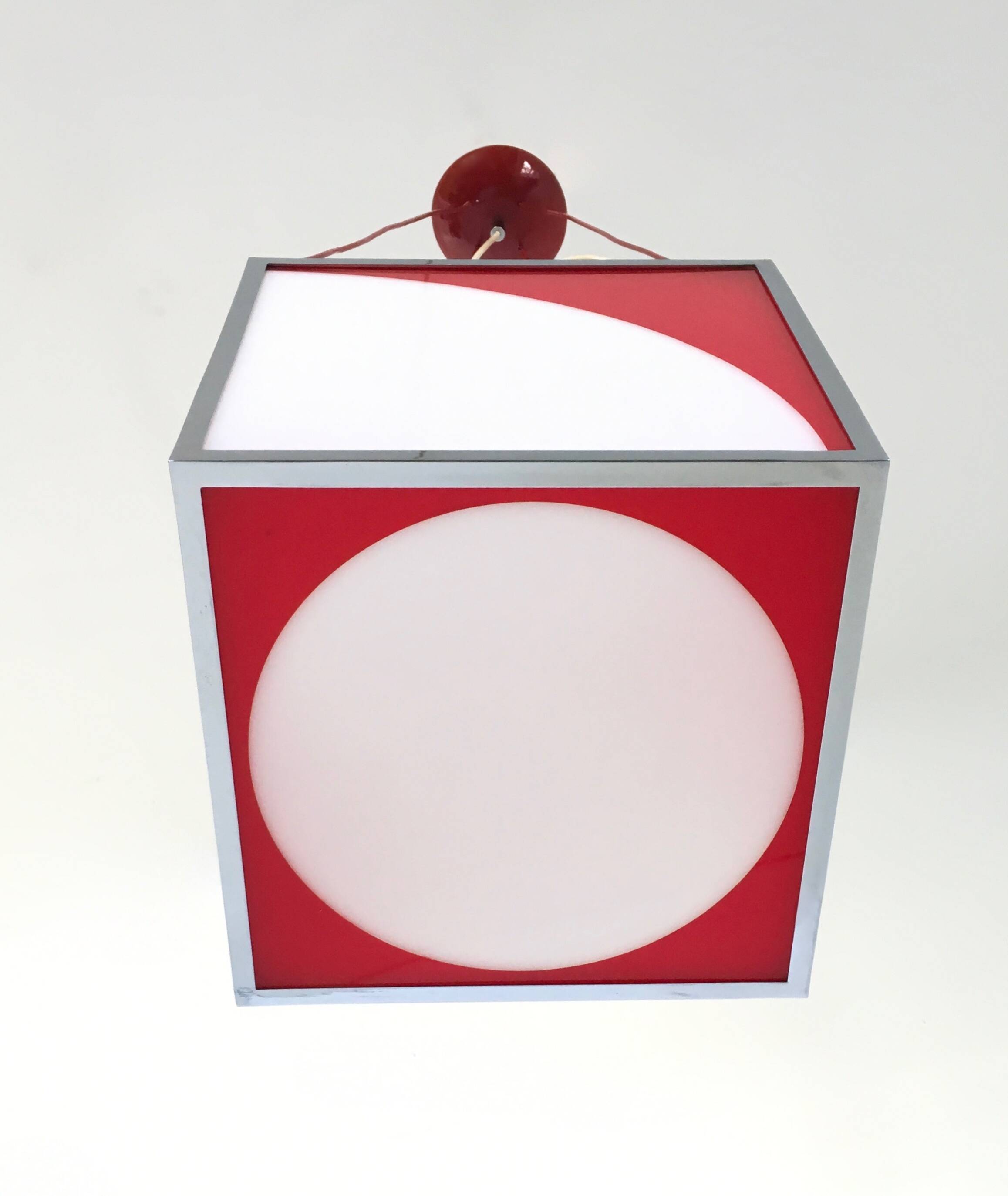 Cubic Red and White Plexiglass and Metal Pendant, Italy