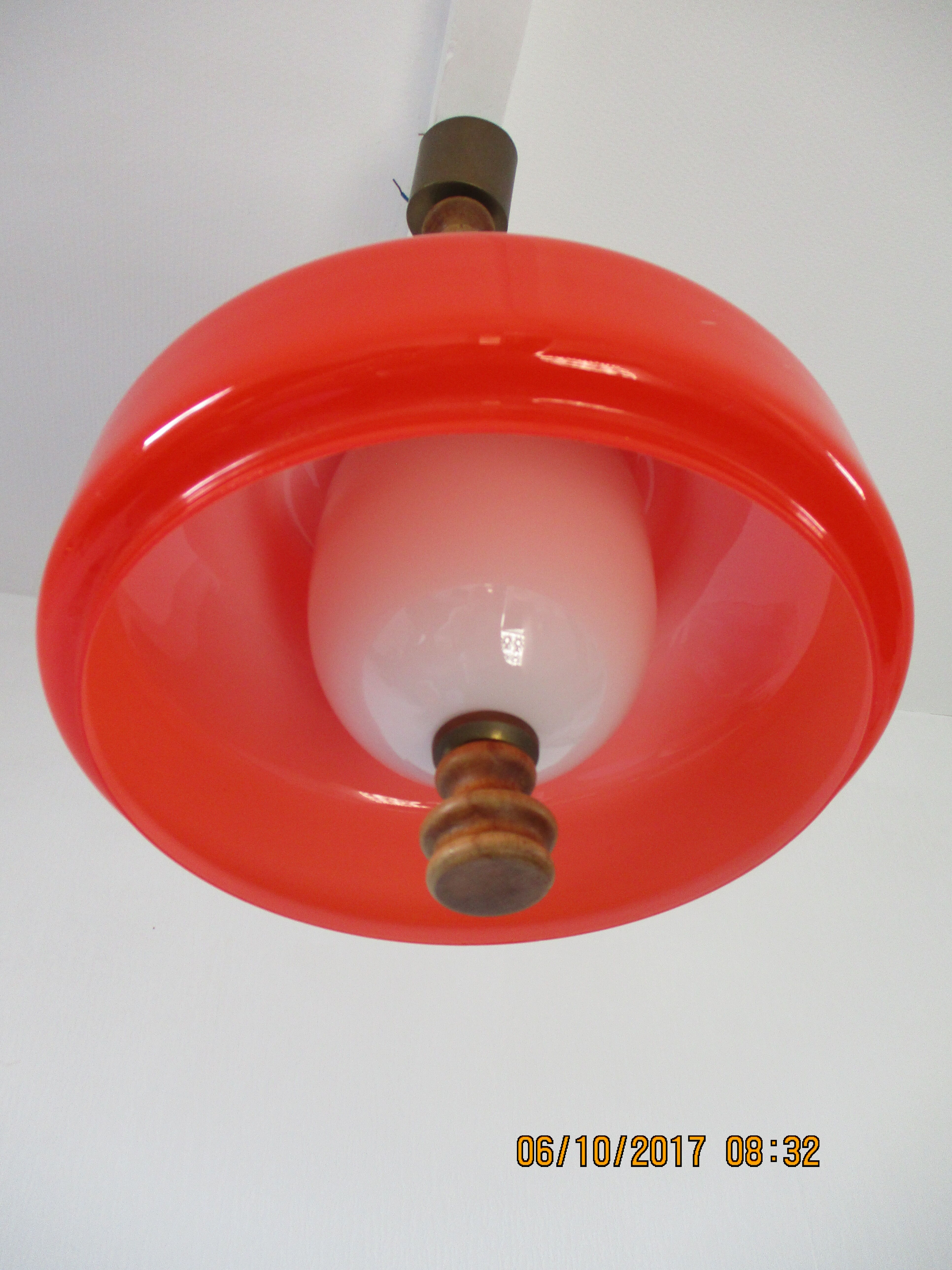 Large suspension in orange opaline and wood design 70s