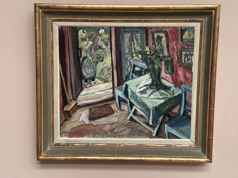 Oil on panel by Swedish artist – "Interior with figure" by Olle Nordberg (1905–1986) – 1944 – vintage and framed – 40×46 cm (15.7"×18.1")