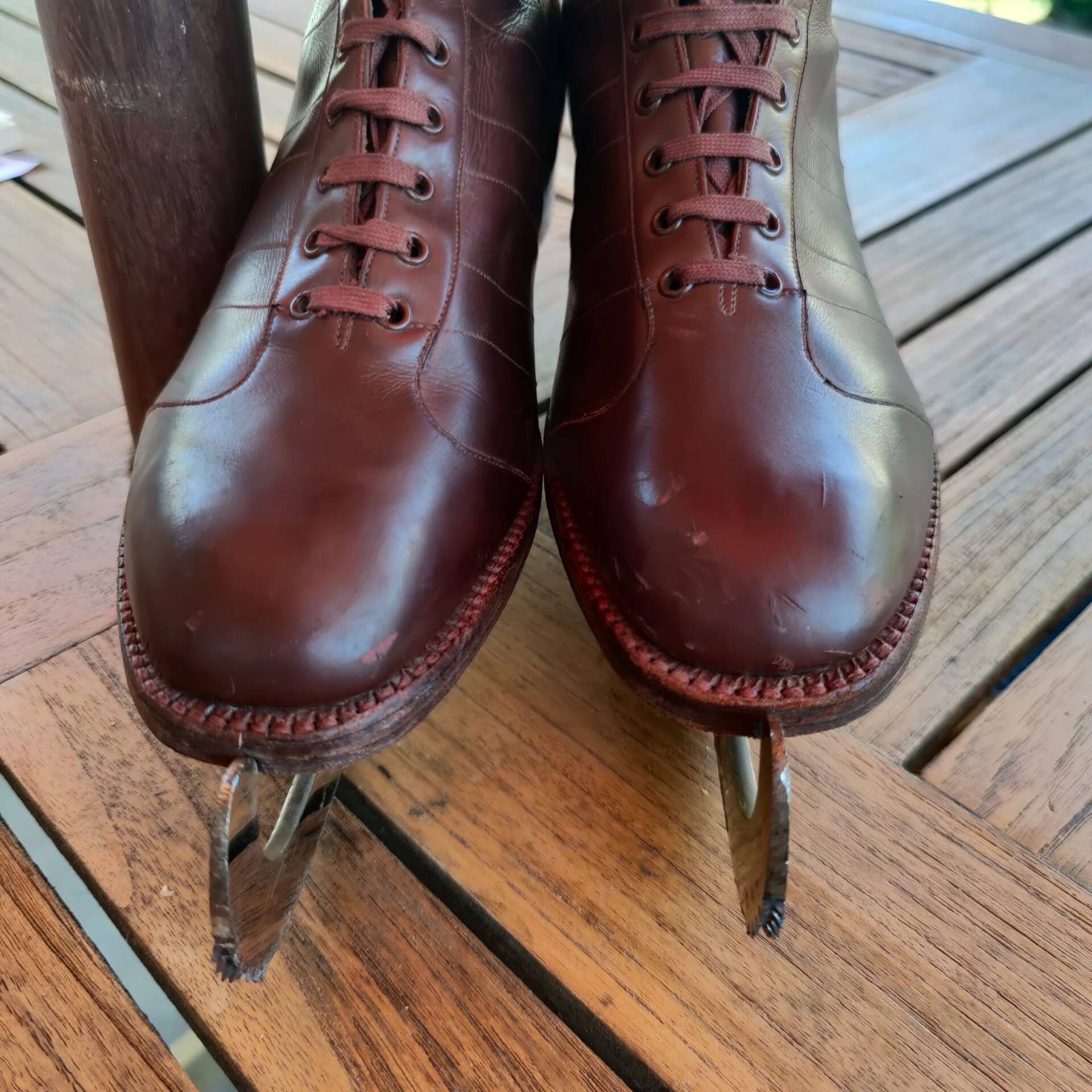 Rare pair of women's ice skates, Schumacher St. Moritz, circa 1910-11.