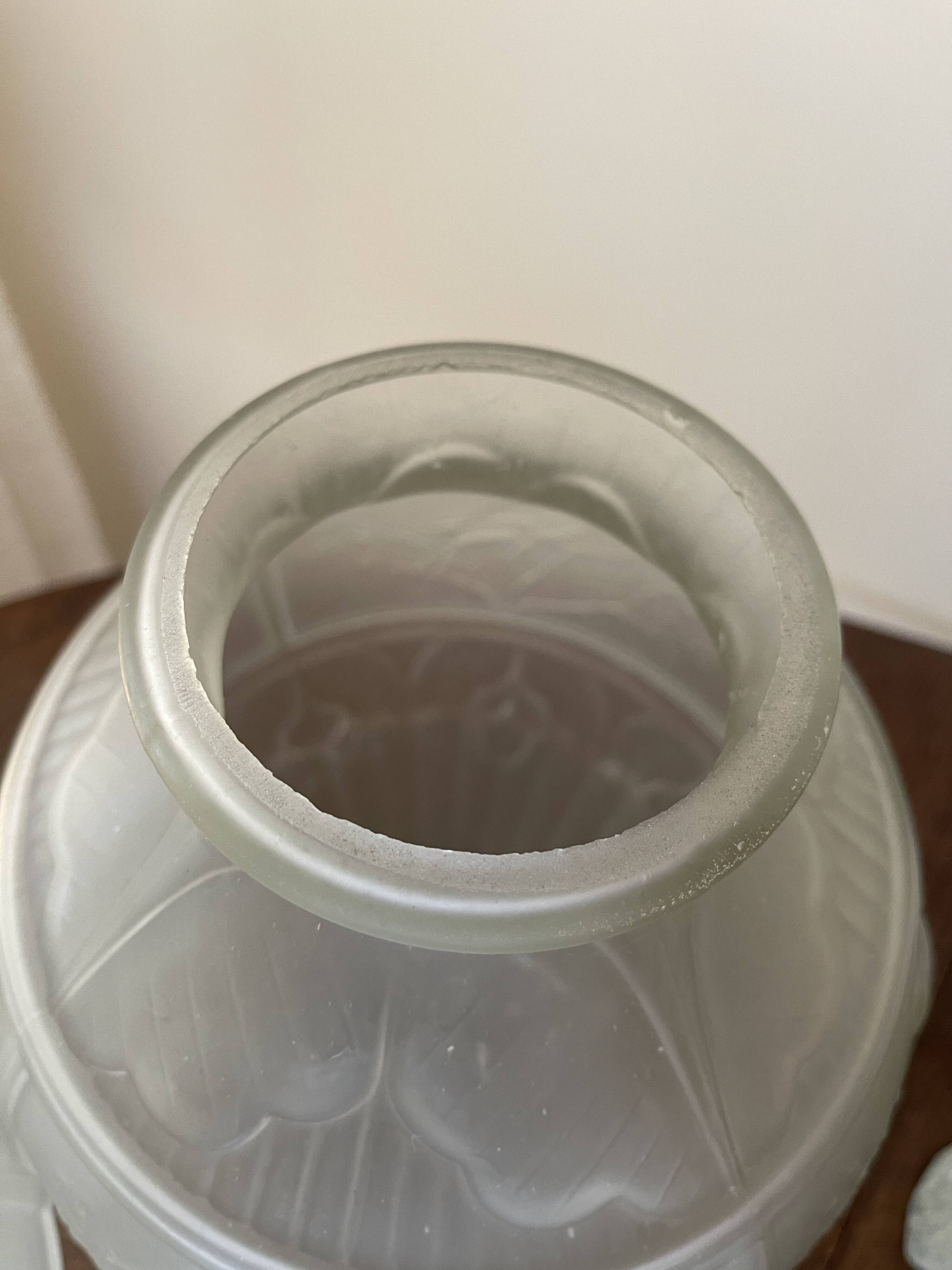 2 semi-opaque glass vases with relief bird designs.
