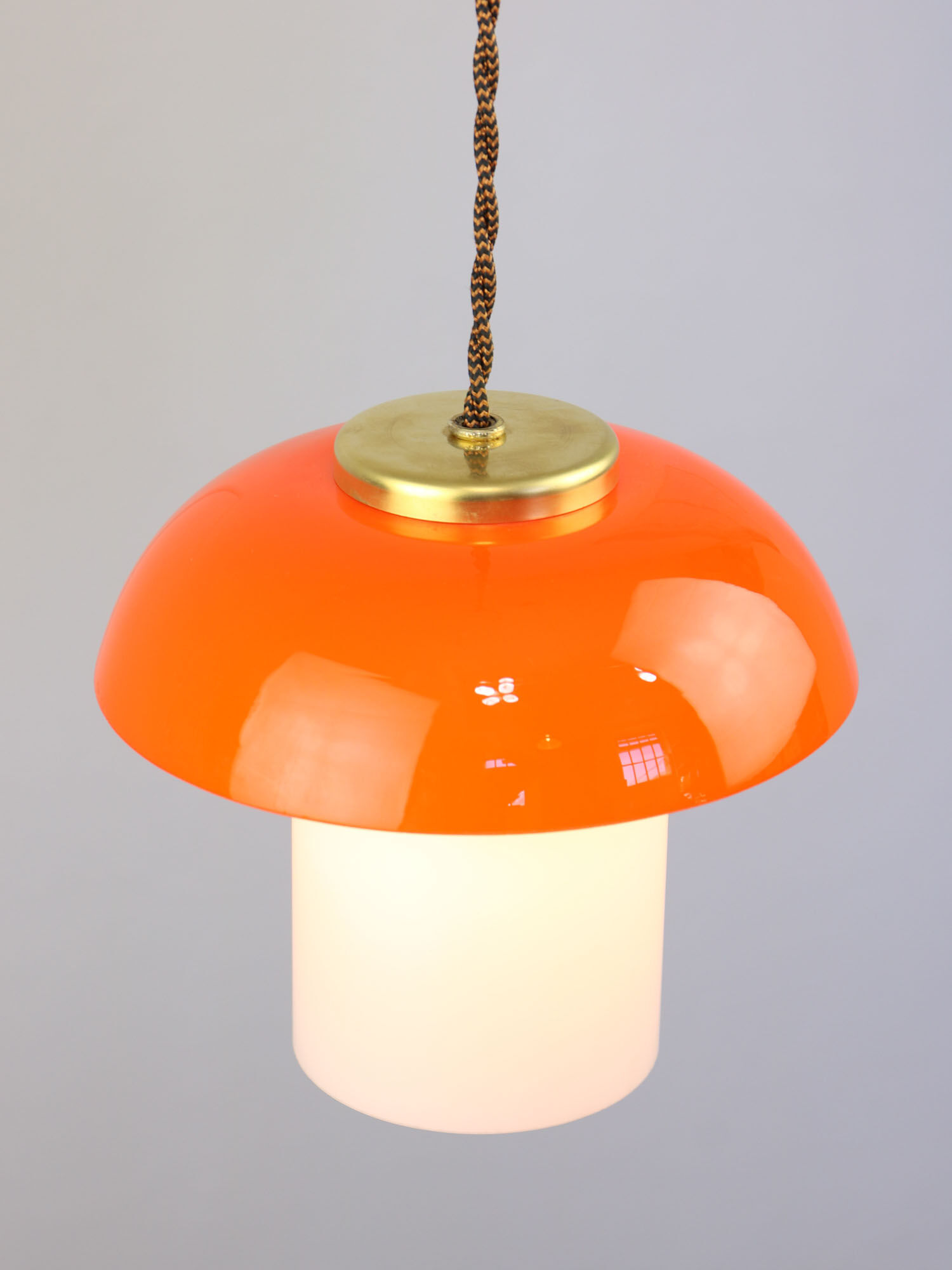Mid-century orange glass & brass mushroom pendant lamp