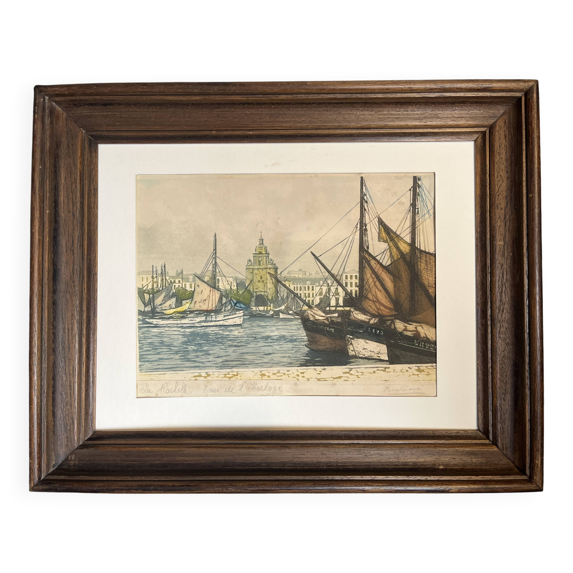 Frédéric Louis Levé, Aquatint Port of La Rochelle framed late 19th century