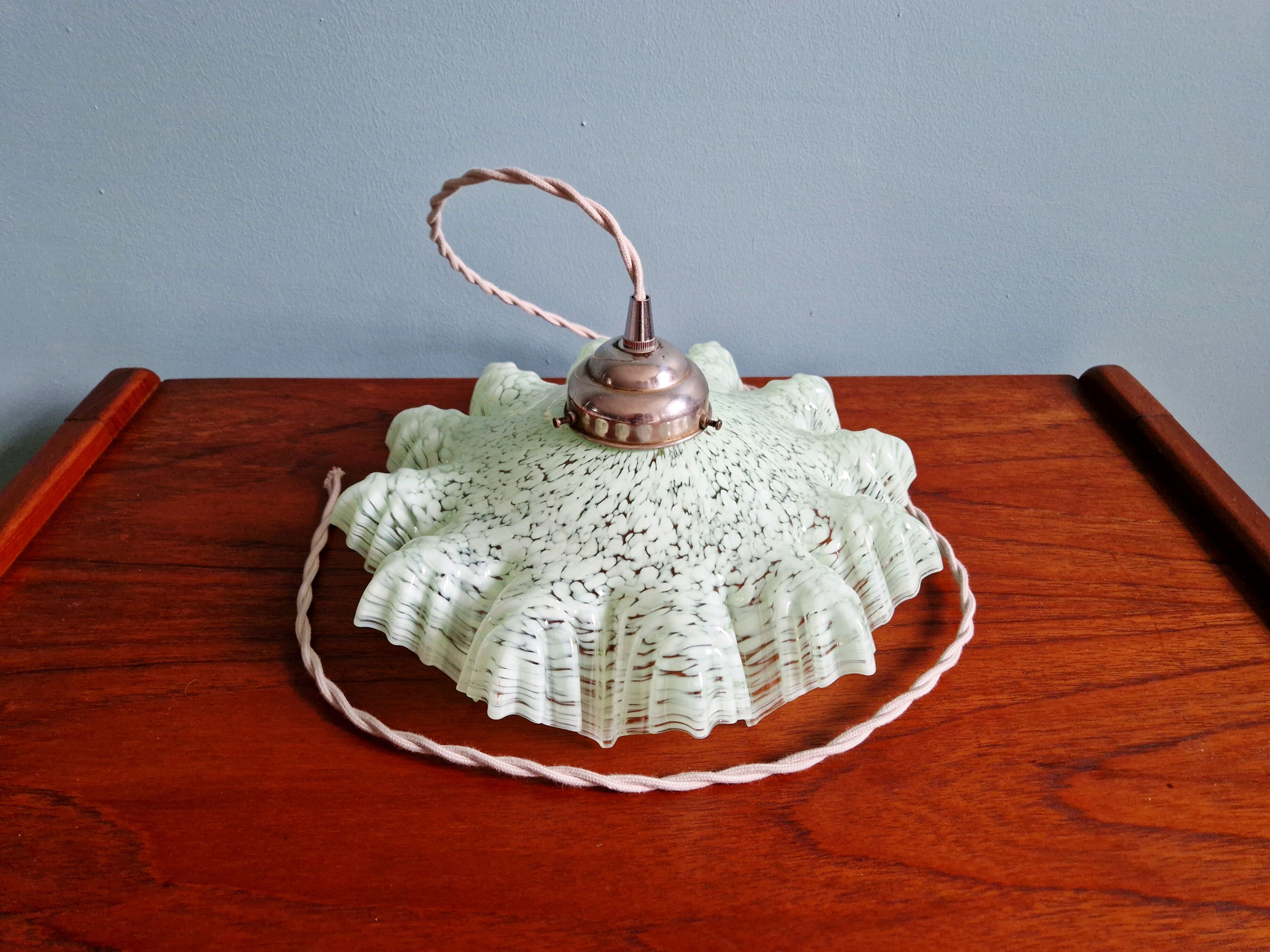 Art Deco pendant light in speckled green and white pleated glass, 1920s-30s.