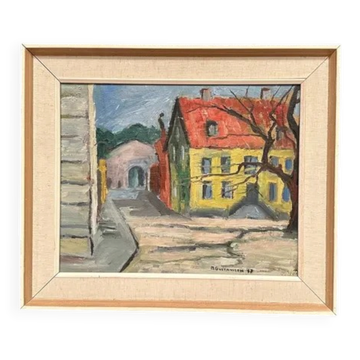 Original Swedish Oil on Panel – “Urban Landscape” by B. Gustavson – Signed – Dated 1947 – Vintage & Framed