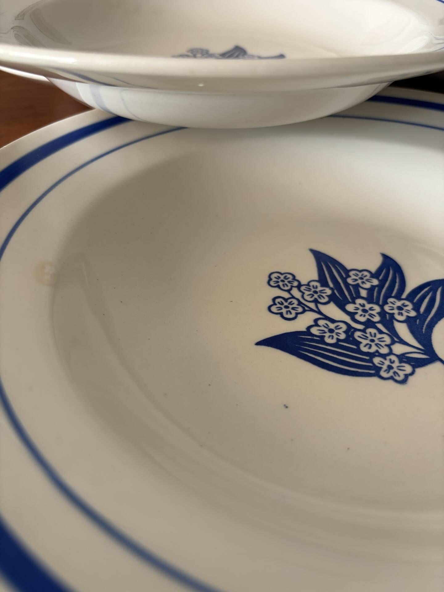 Set of 6 vintage deep plates in earthenware with blue lily of the valley flowers.