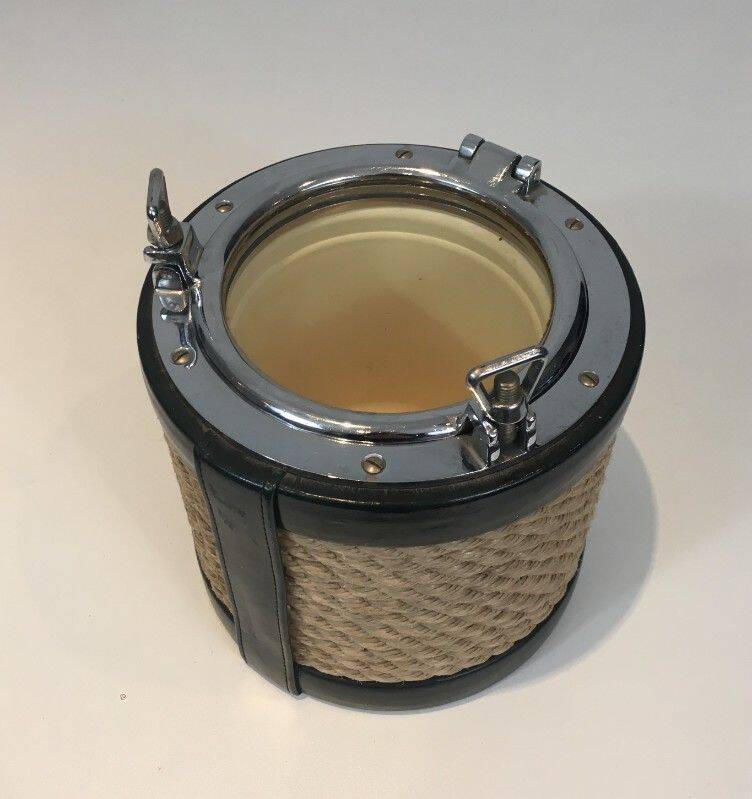 Ice bucket in leather, rope, and chrome. In the style of Jacques Adnet