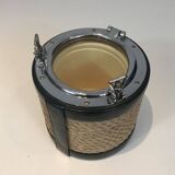 Ice bucket in leather, rope, and chrome. In the style of Jacques Adnet