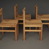 4 chaises de salle à manger en pin et jonc de mer dans le goût de Charlotte Perriand, années 1960