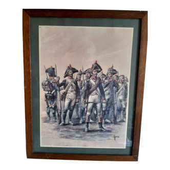 Engraving signed by Jacques Girbal illustrating the Napoleonic infantry on 02/12/1805 in Austerlitz