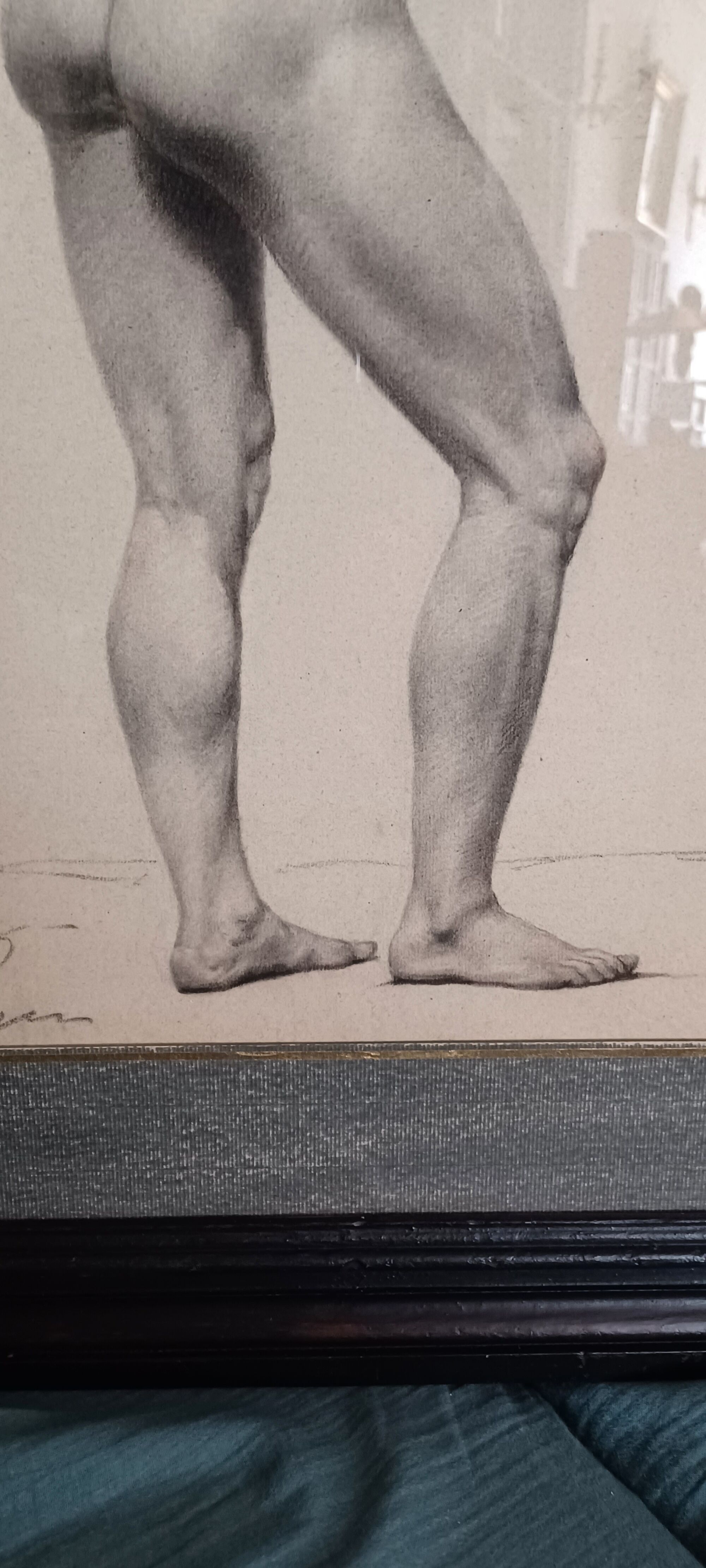 Drawing of a male nude in charcoal - academy signed and dated