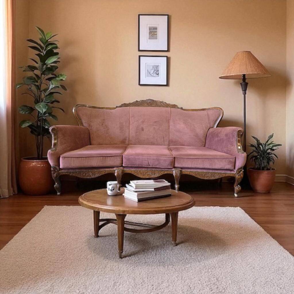 Fauteuil / canapé / trois places baroque vintage rose poudré