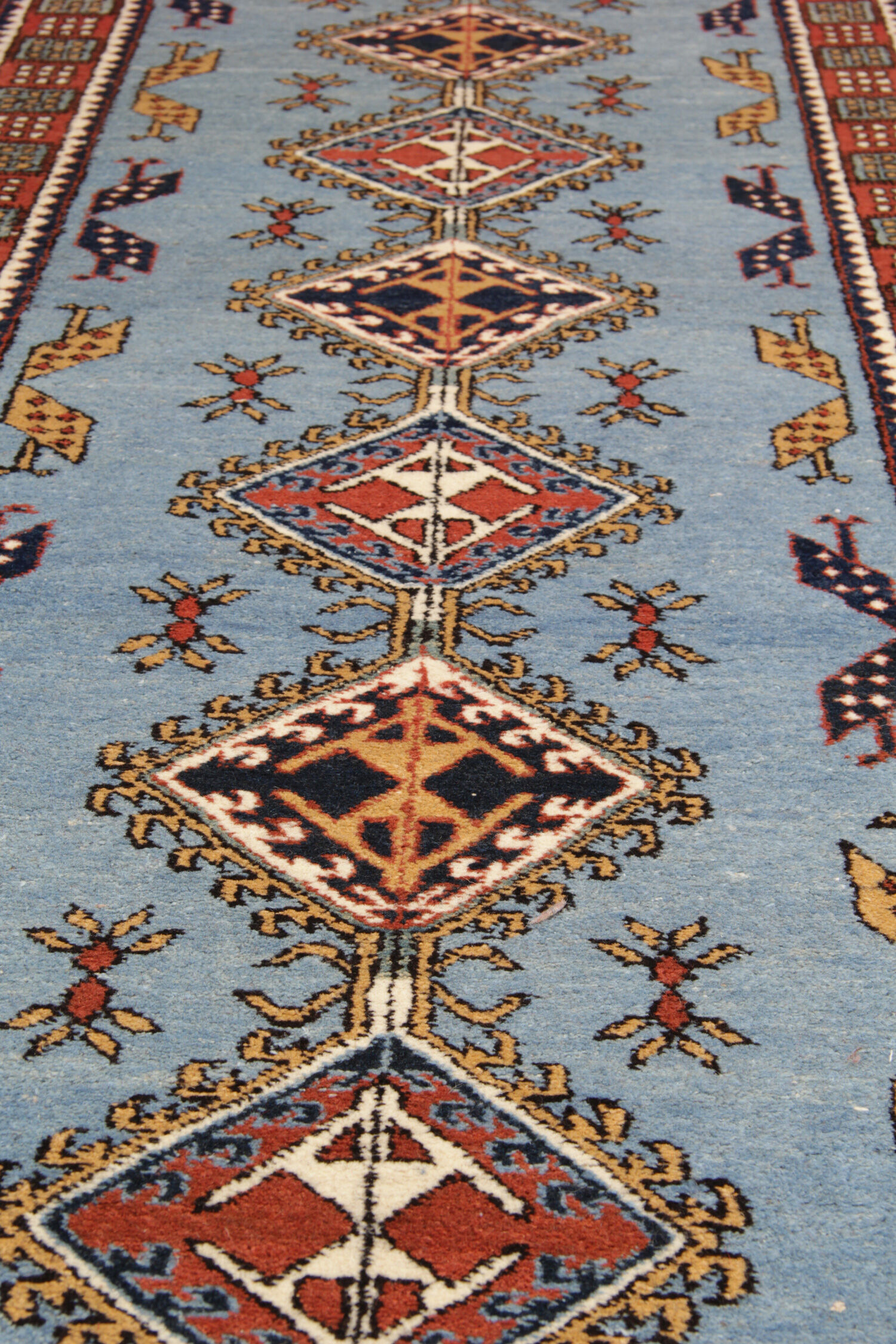 Handwoven Blue Wool Geometric Runner Rug long Traditional Persian Carpet 93x404cm