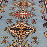 Handwoven Blue Wool Geometric Runner Rug long Traditional Persian Carpet 93x404cm
