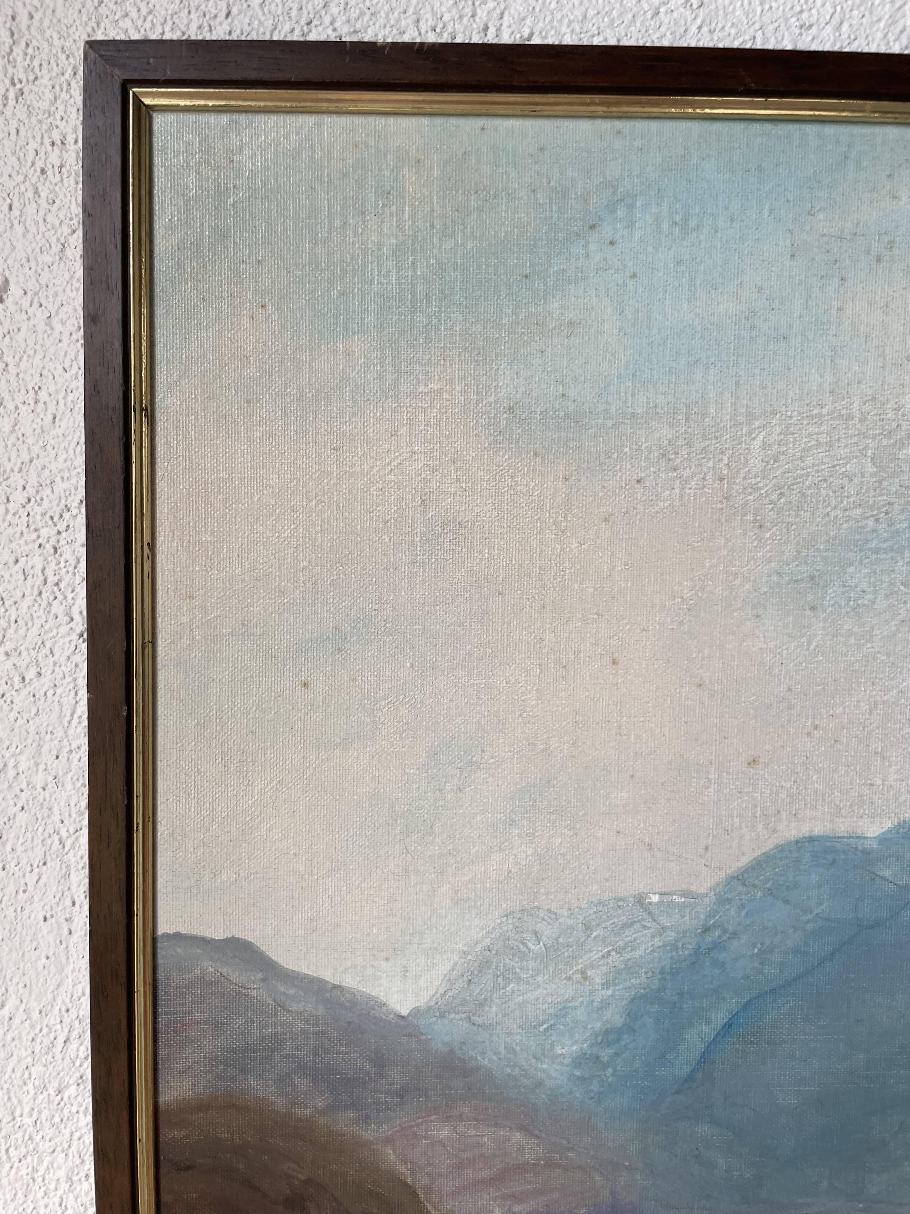 Oil painting on wood boats and lake 1977