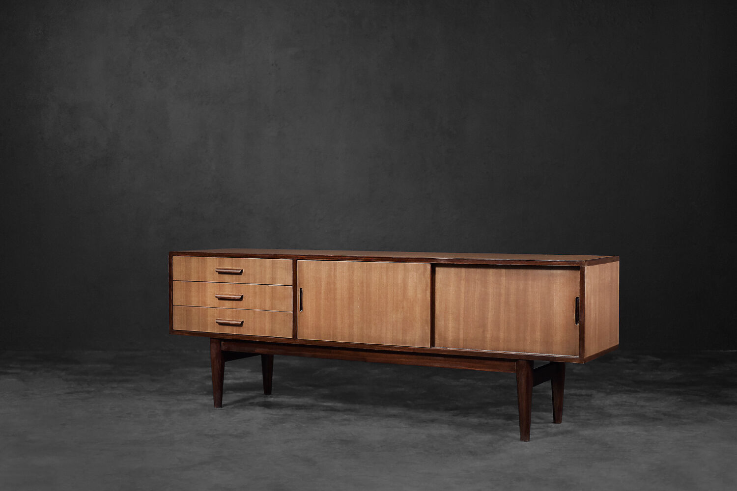 Classic vintage mid-century mahogany buffet with drawers, Danish Scandinavian style, 1970s.