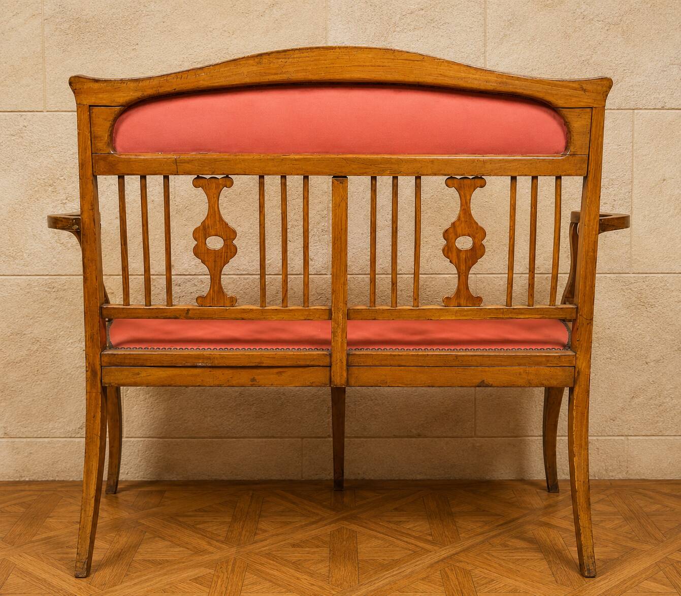 Art Nouveau bench in fruitwood with marquetry