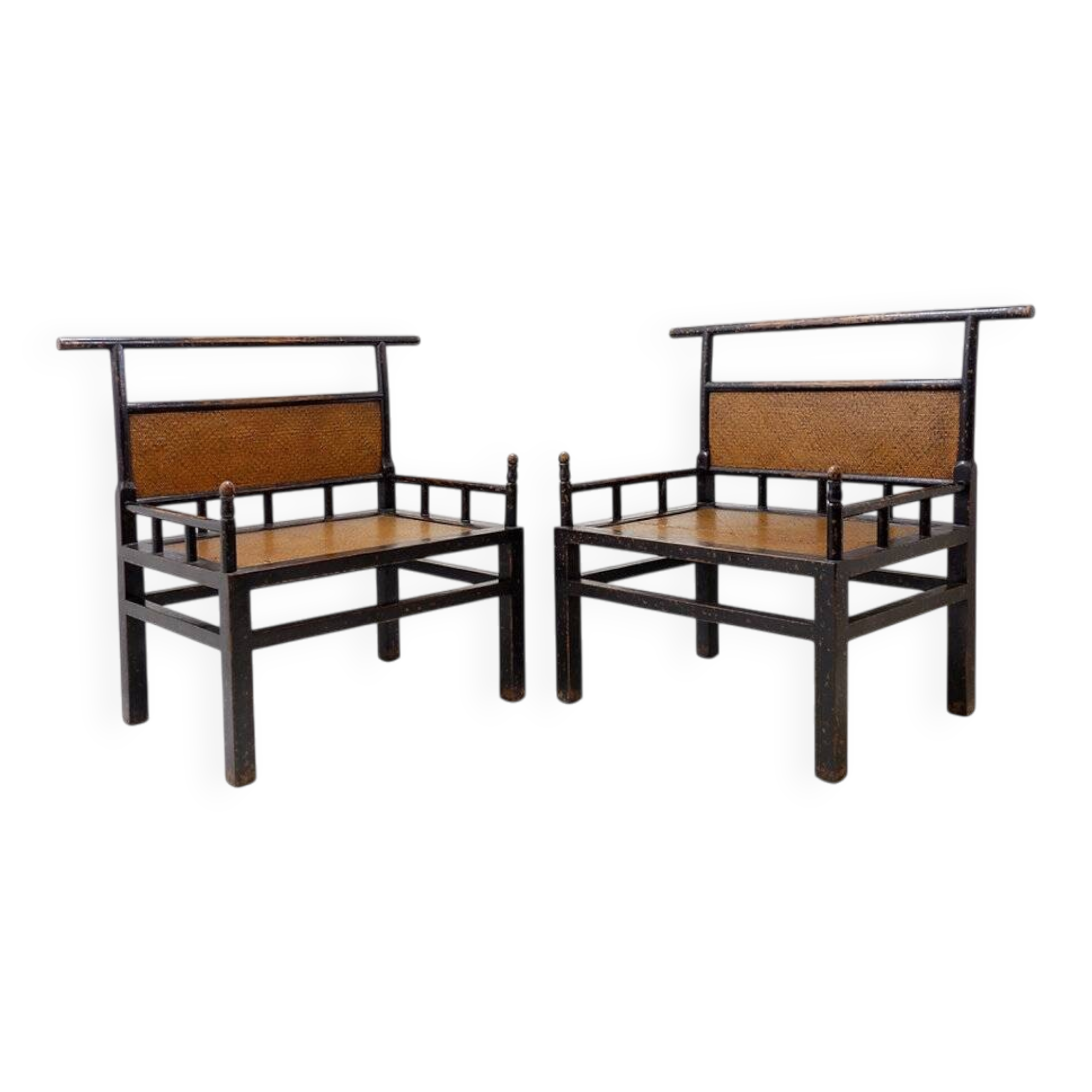 Pair of "meditation" chairs in lacquered wood and rattan - Japan, early 20th century