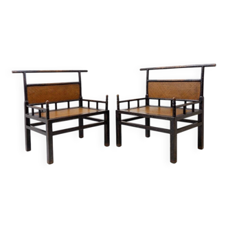 Pair of "meditation" chairs in lacquered wood and rattan - Japan, early 20th century