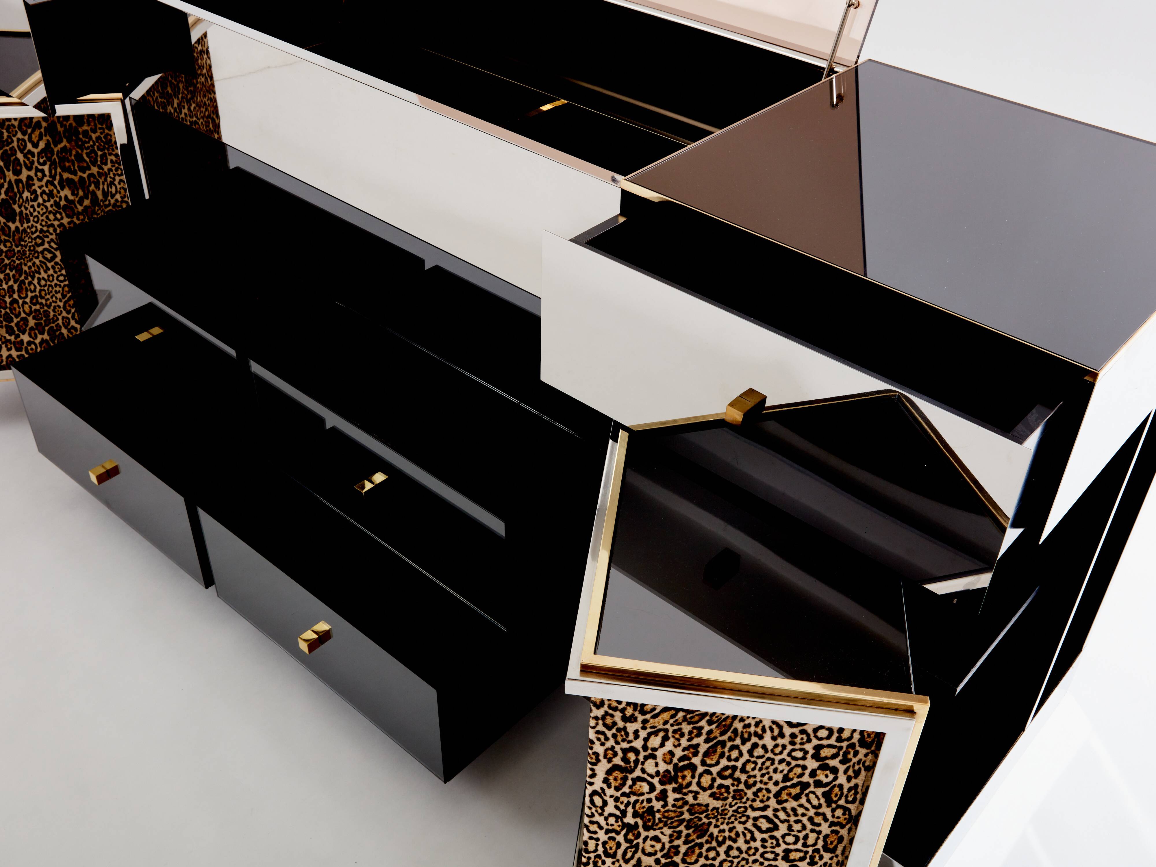 Leopard velvet mirror brass chrome sideboard Michel Pigneres 1969