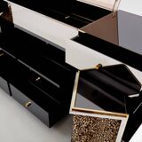 Enfilade laiton chrome miroir velour leopard Michel Pigneres 1969