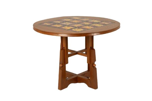 Guillerme and Chambron. Oak and ceramic side table. 1970s-80s.