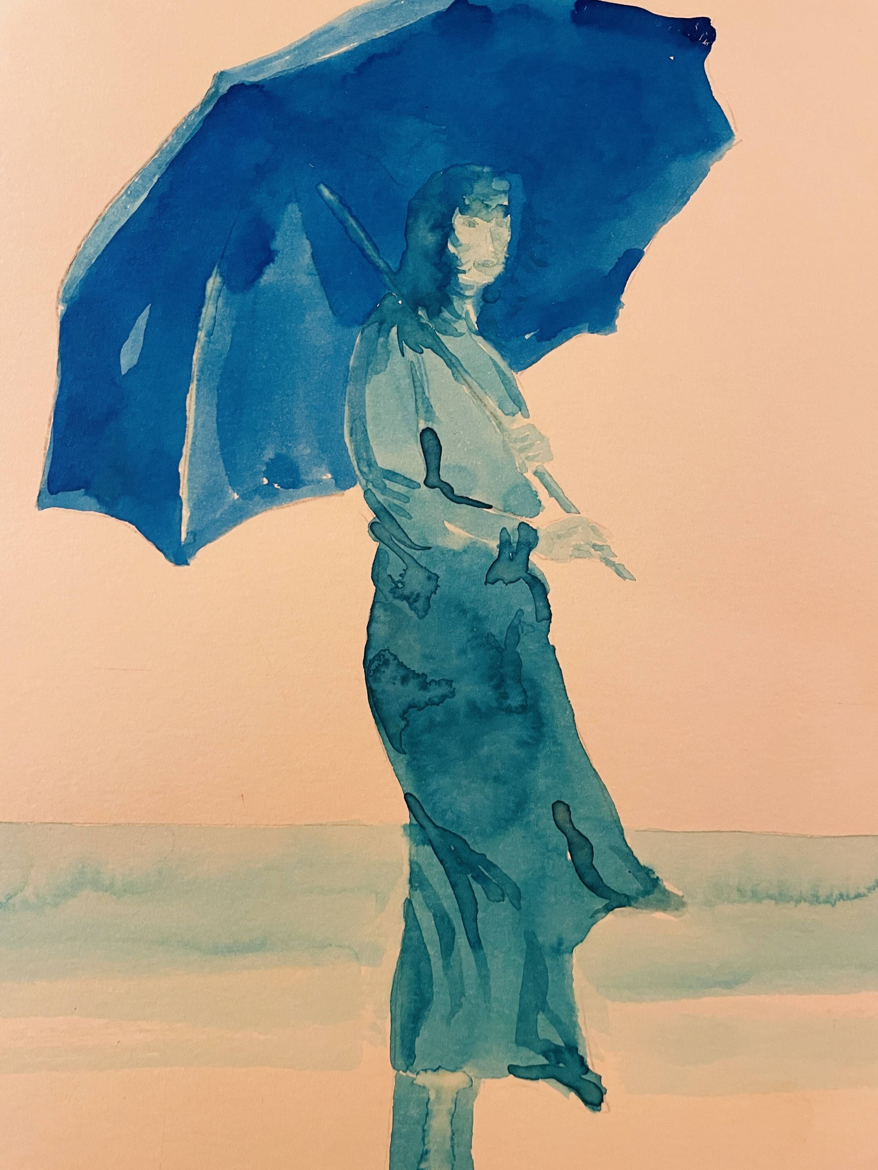 Monochrome blue painting signed female portrait "weekend in Deauville"