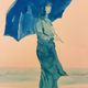 Monochrome blue painting signed female portrait "weekend in Deauville"