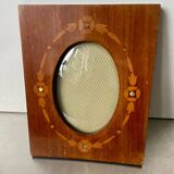 Antique Wood & mother of pearl Picture Frame with intarsia Convex glass