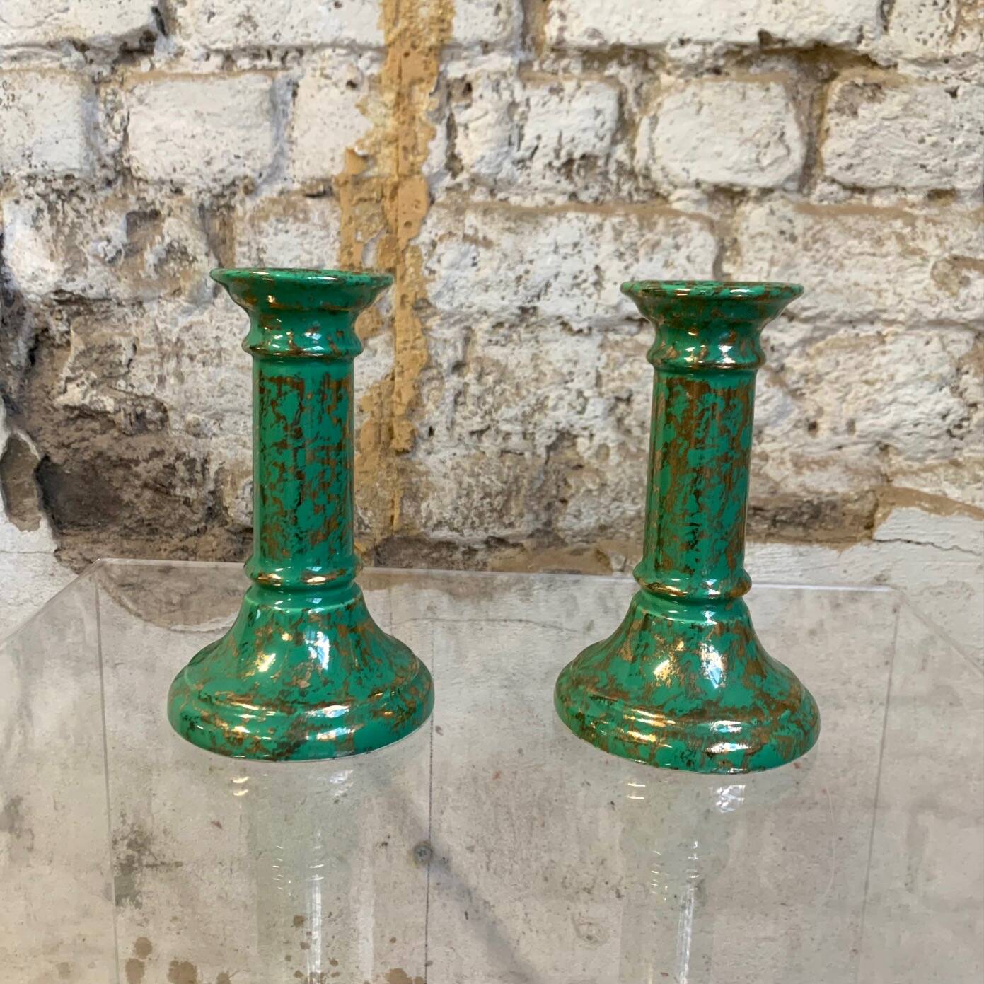 Duo of green-gold enameled ceramic candle holders, Western Germany, Waechtersbach, 1970s