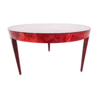 Table à manger italienne laquée rouge peau de chèvre parchemin par Aldo Tura années 1960