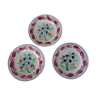 3 old plates HB Choisy Le Roi Fleurs rouge et bleue lily of the valley