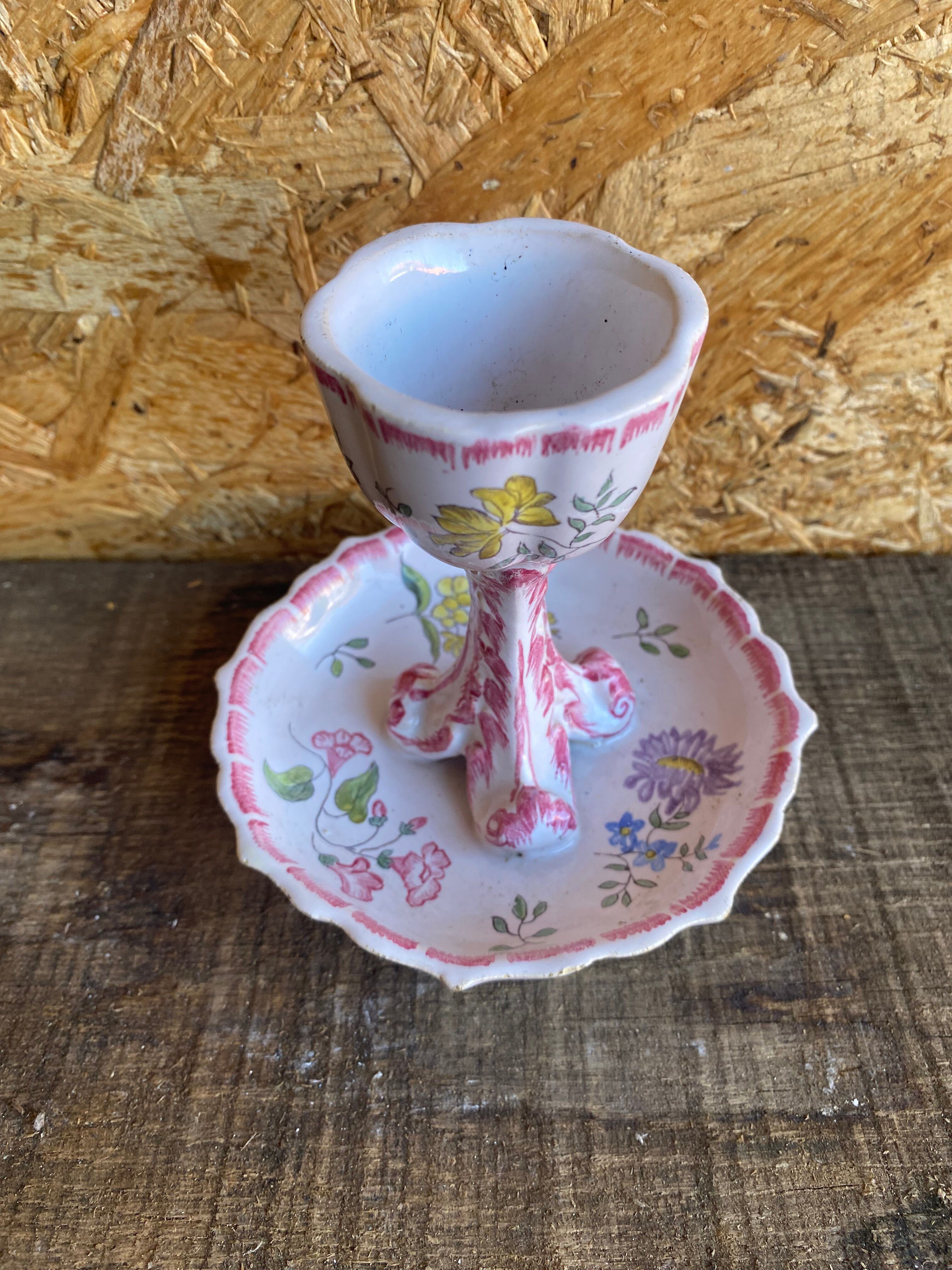 Vintage Ceramic Egg Cup on Stand with Pink Flower Decoration #D984