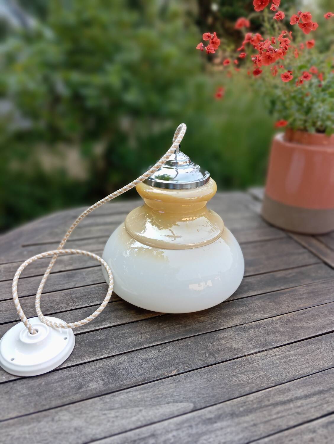 Honey cream opaline pendant light with chrome finish