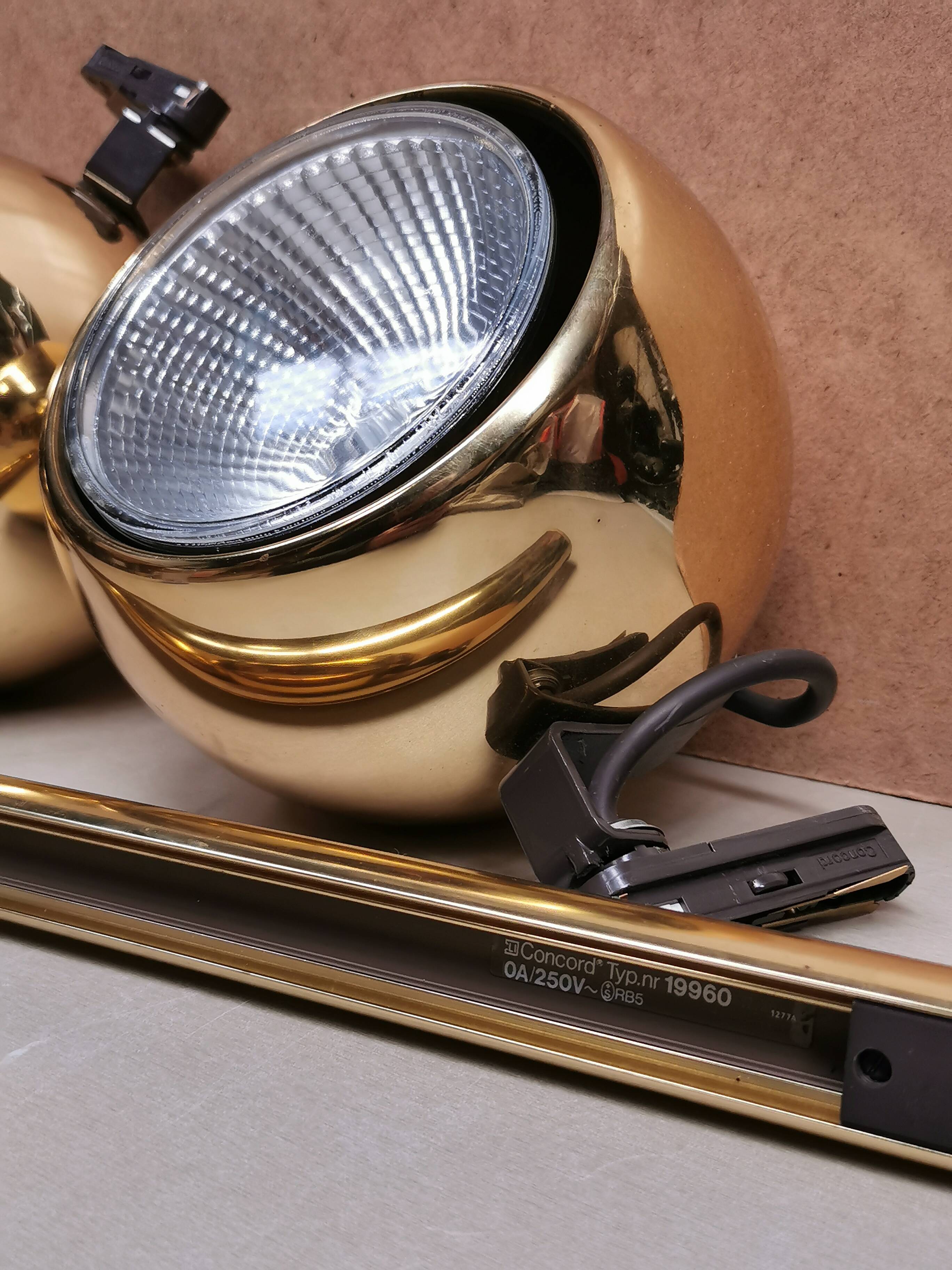 4 large golden ball spots, space age 60 70's. concord wall light on rails