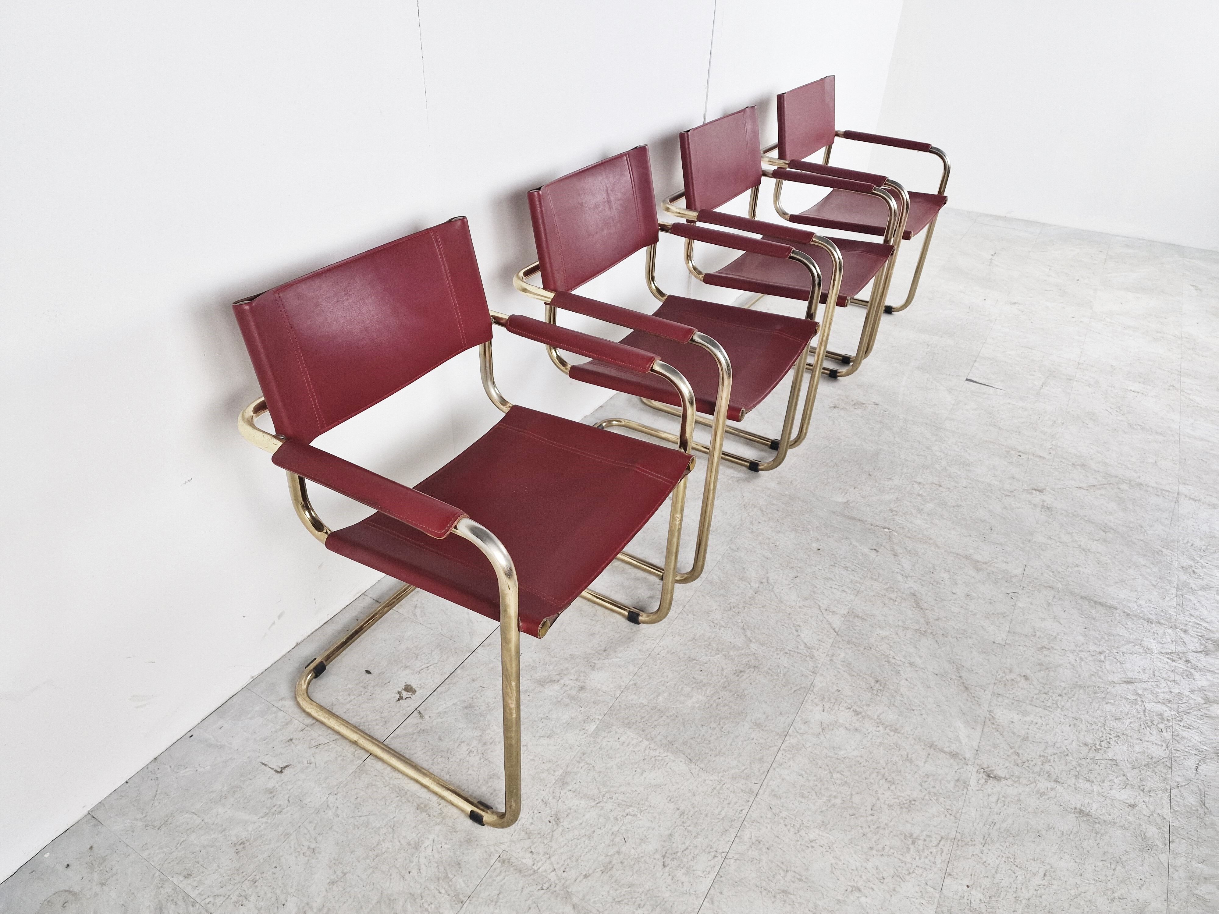 Red leather bauhaus design dining chairs - 1980