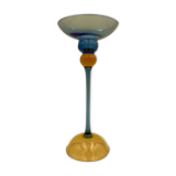 Bougeoir en verre jaune et bleu