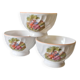 Set of 3 faceted earthenware bowls with decoration in good condition.