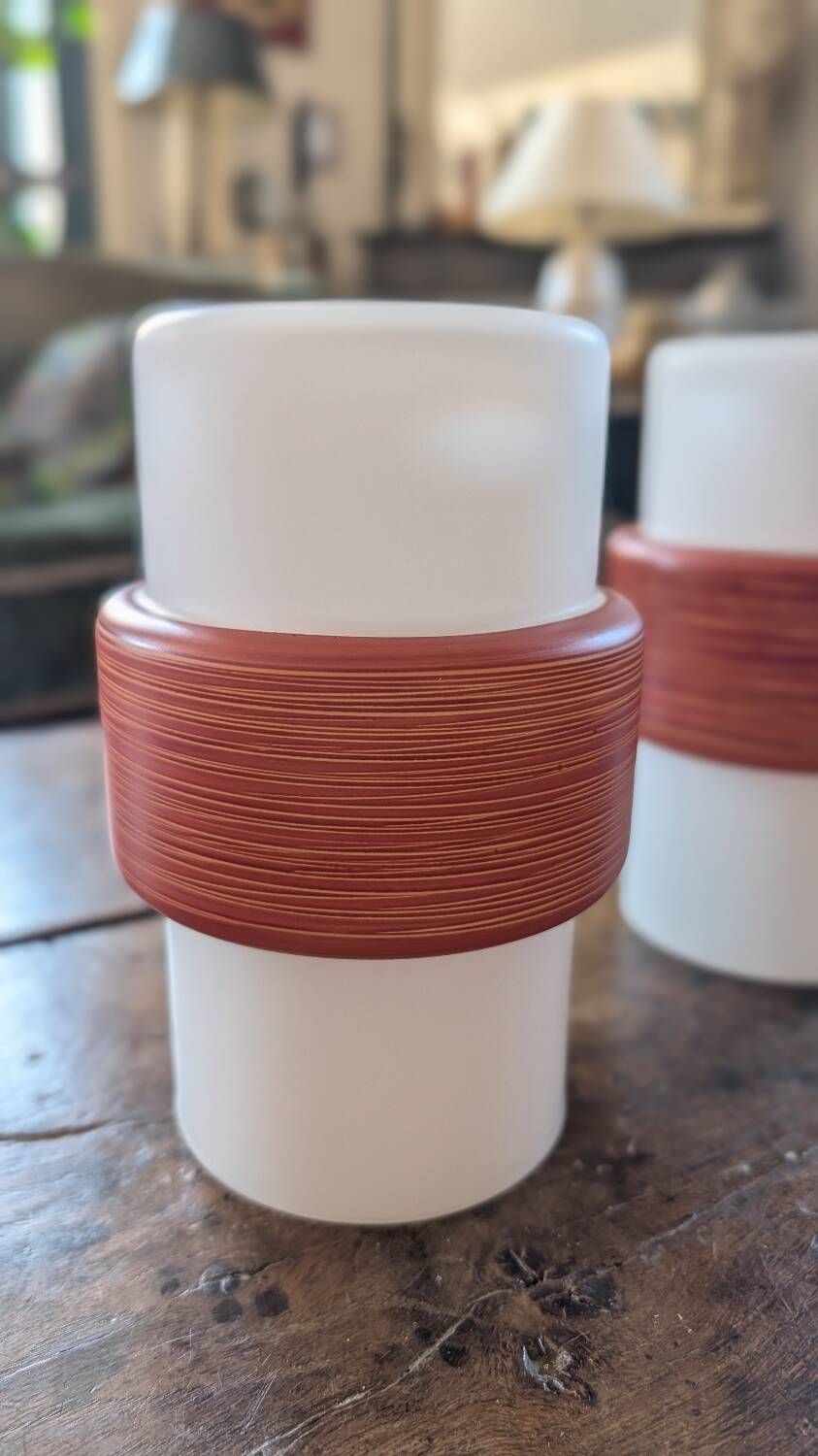Pair of opaline lampshades, wood imitation decor from the 60s.